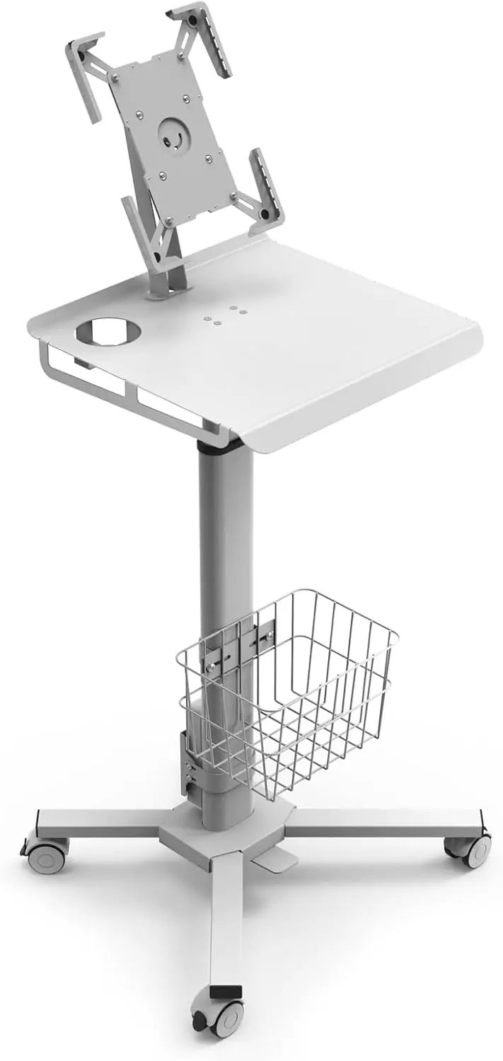 Adjustable Rolling Medical Cart: Pneumatic Mobile Workstation with iPad Enclosure for 9.7-13