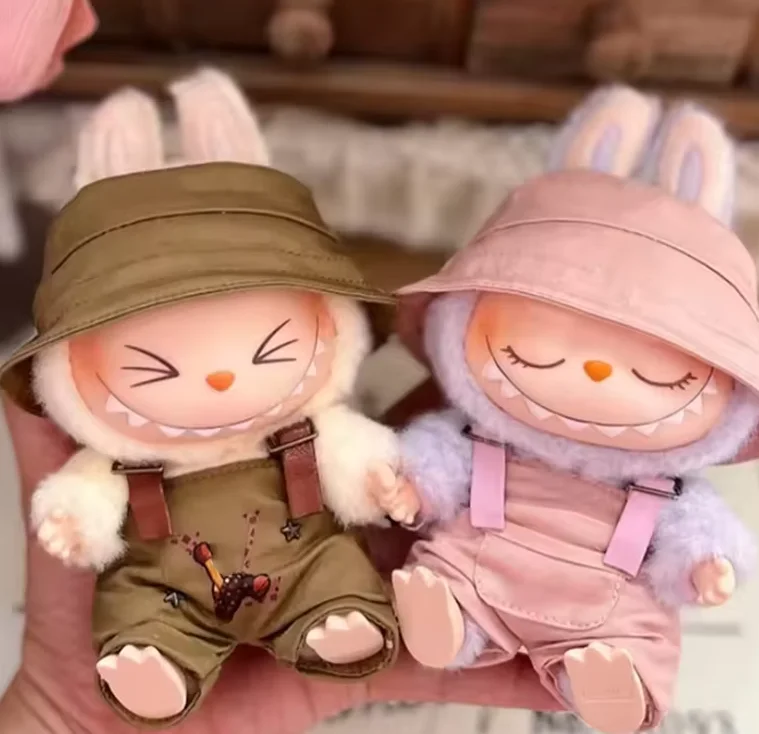 Only Clothes Labubu 17cm Macaroon 15cm Sitting Party Vinyl Doll Clothes Leather Powder Suit (Suspenders+Fisherman'S Hat)