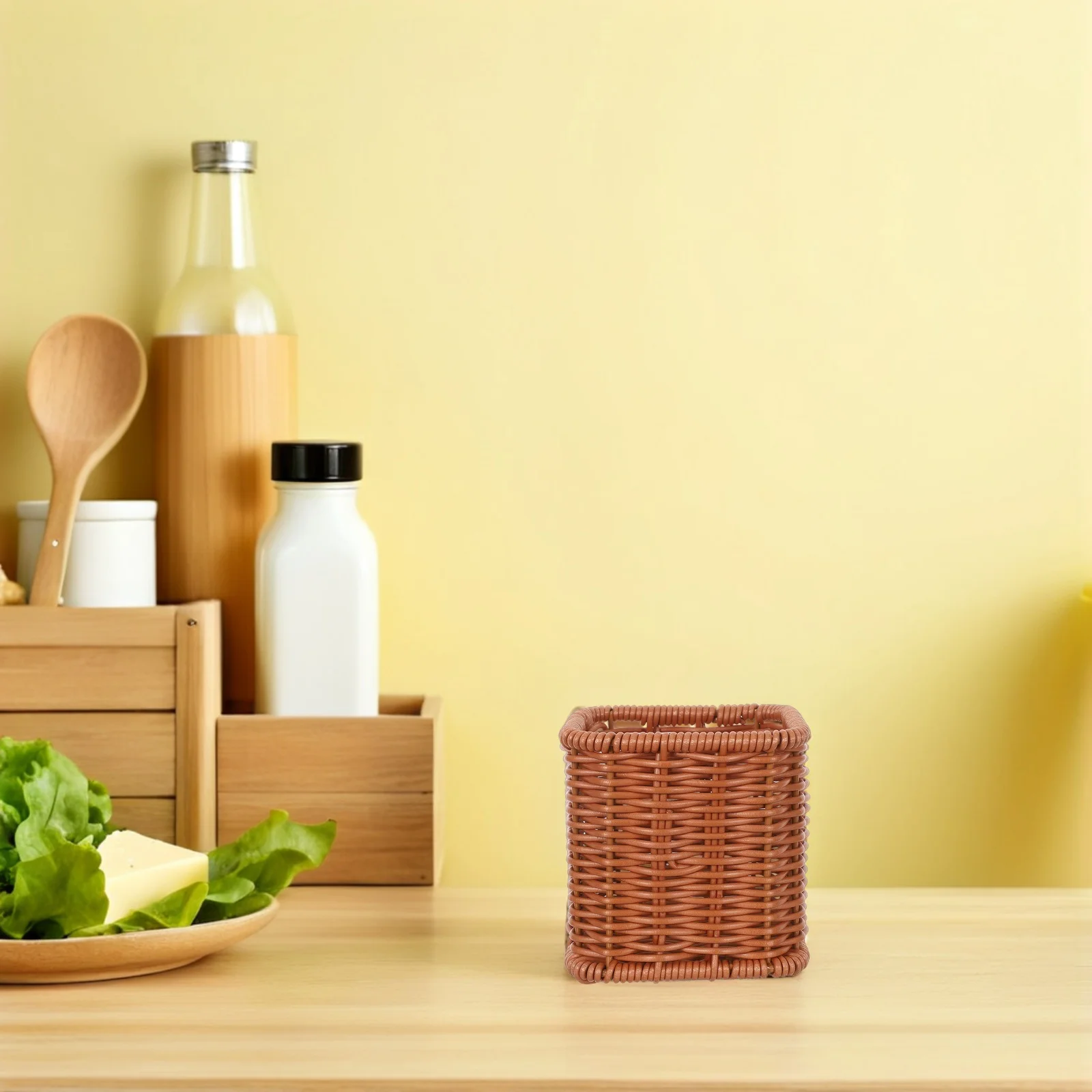 

2Pcs Utensil Holder Kitchen Cutlery Organizer Imitation Rattan Storage Basket for Flatware Spoon Fork Countertop Silverware