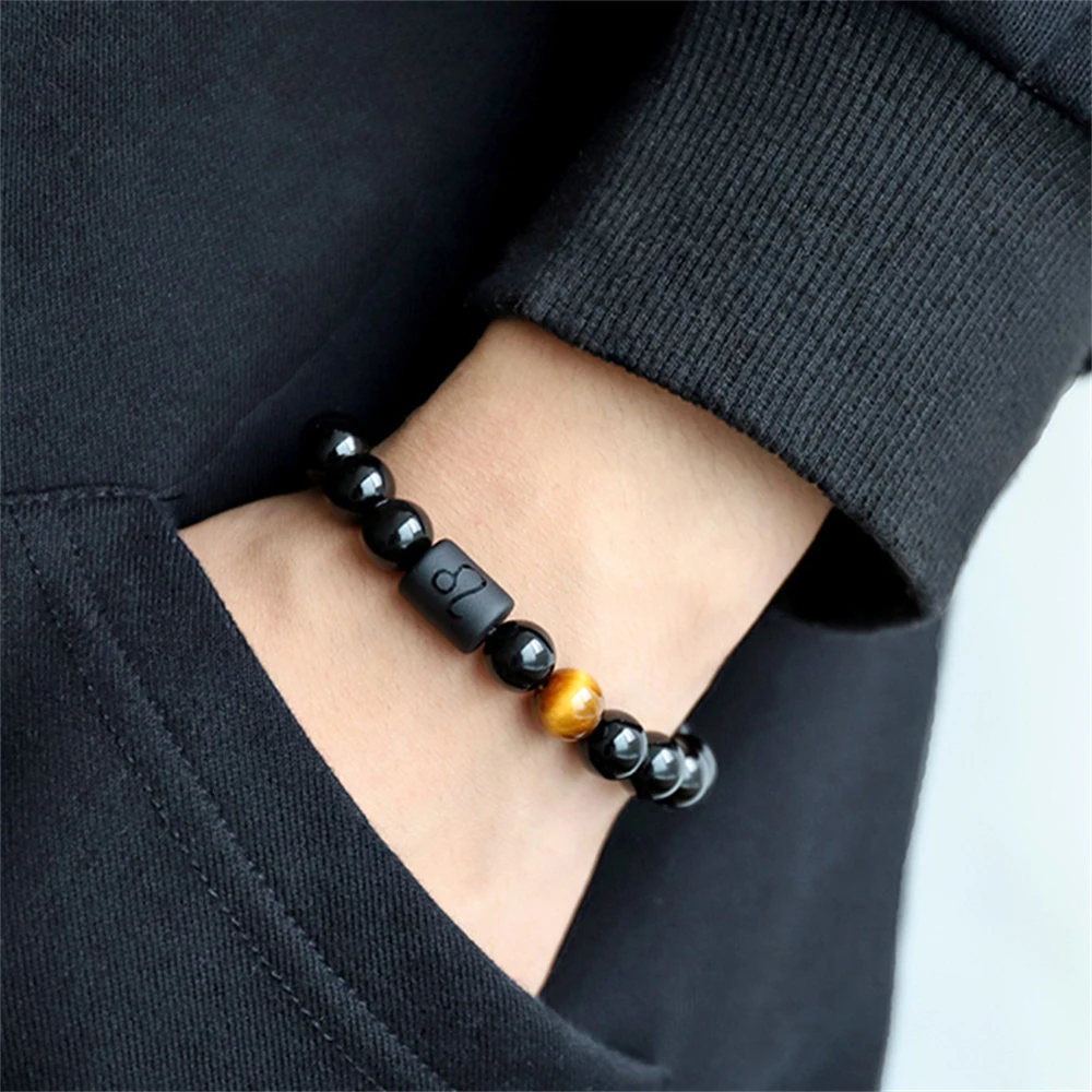 12 Zodiac Sign Obsidian Bracelet For Women Men Fashion Natural Black Agate Stone Elastic Bead Bracelet Bangles Birthday Jewelry