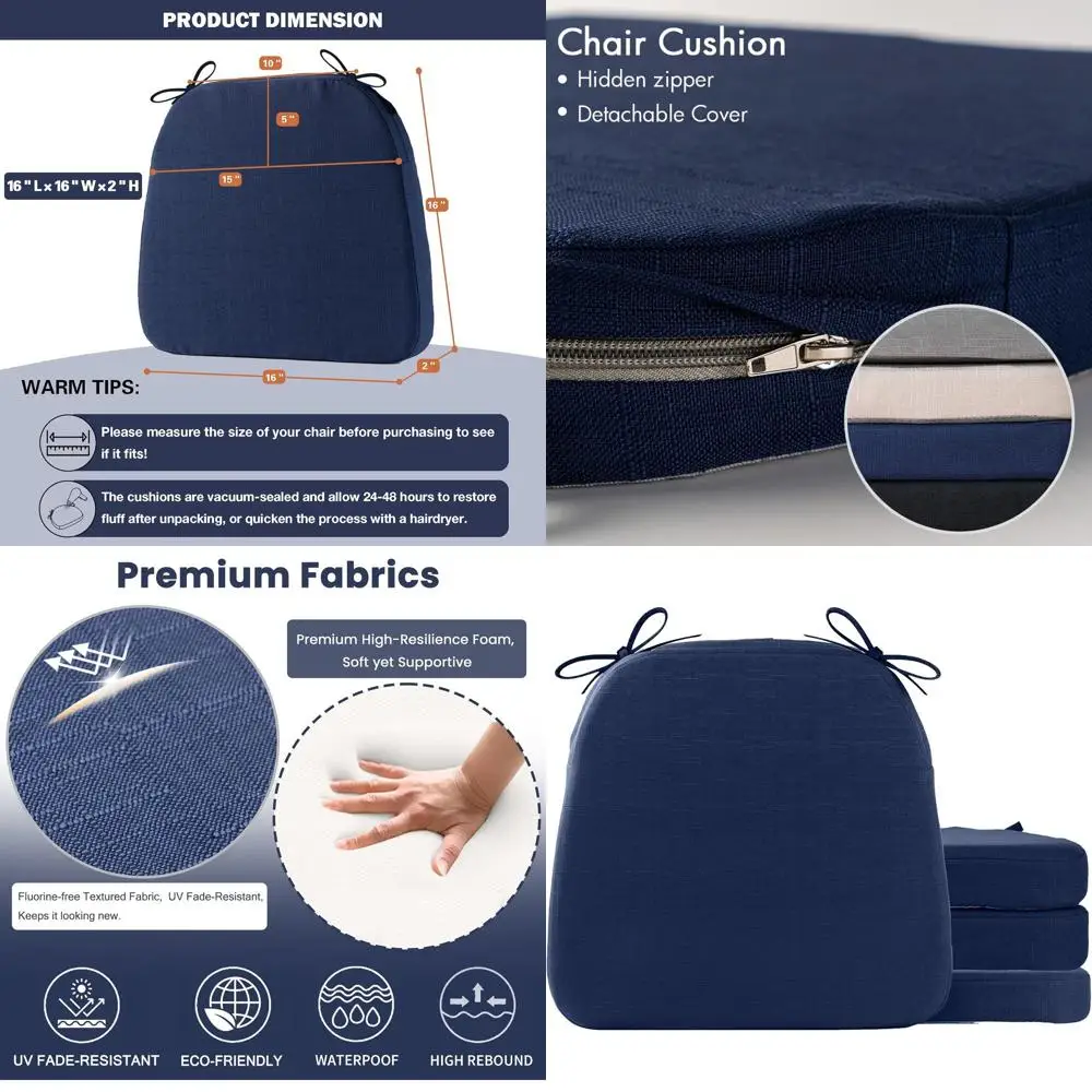 

Non-Slip Removable Cover Seat Cushions, 16x16x2, Set of 4, Navy