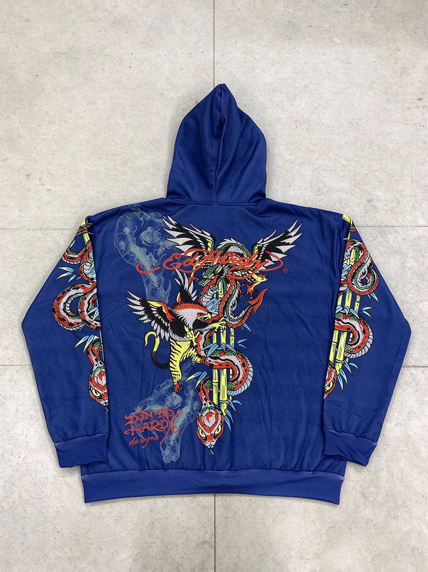 Women Y2K Vintage Aesthetics Tattoo Printed Zip Up Hoodie Fashion Dragon Snake Graphic Long Sleeve Streetwear Blue Hooded Jacket