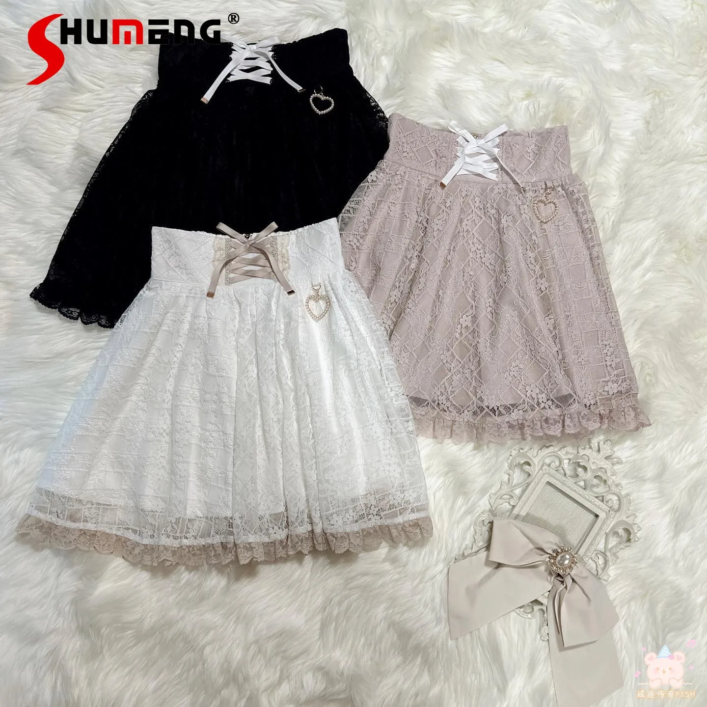 

Japanese Style Mine Heart Buckle Short Skirt Lolita Women High Waist A- Line mini Skirt Sweet Cute Girls Lace Mesh Bubble Skirt