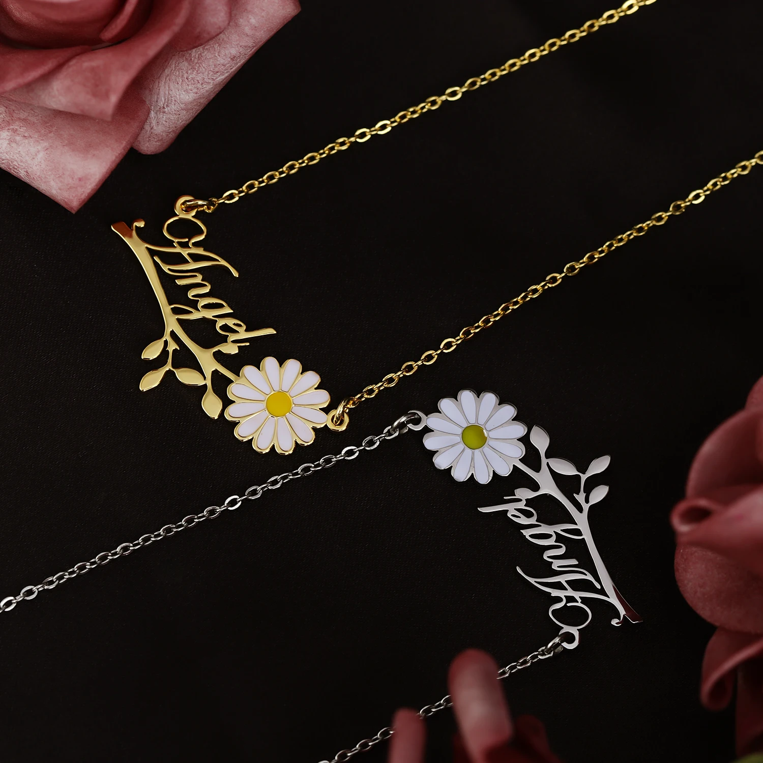 Horizontal Stainless Steel Little Daisy Oiled Custom Cut Name Necklace Pendant Jewelry Women's 18K Gold Plated Gift For Women