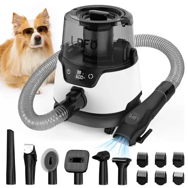 Dog Grooming Kit, Vacuum Cleaner and Dog Dryer with 5 Pet Grooming Tools, 600w with 3L Dust Cup and Dog Clippers (White)