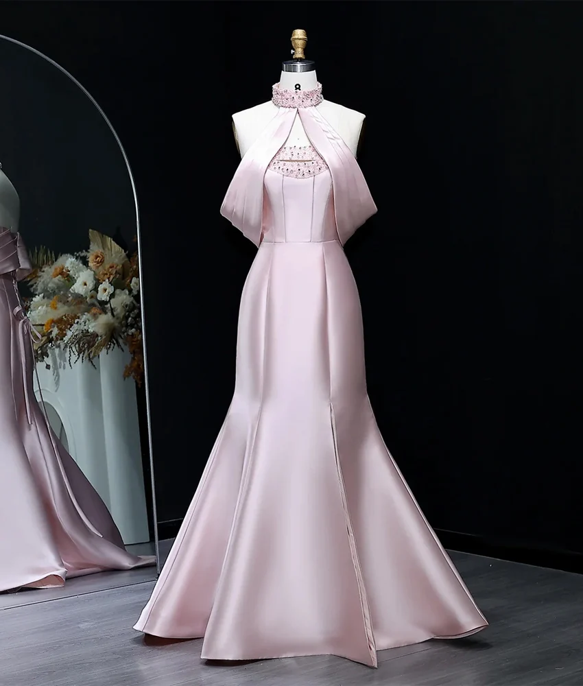 Customized Graceful Satin Mermaid Off the Shoulder Crystal Evening Dress High Quality Short Sleeves Halter فساتين سهرة