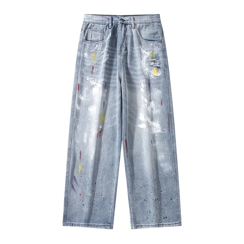 Men High Waist Light Blue Salt Water Burn Wash Paint Splash Distressed Wide Leg Denim Pants Soft Breathable Hip Hop Jeans