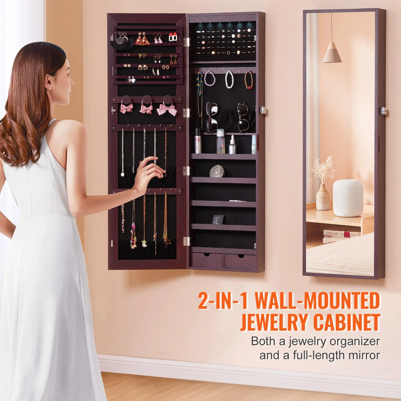 

Mirror Jewelry Cabinet 47.05in Lockable Wall or Door Mounted Armoire Brown