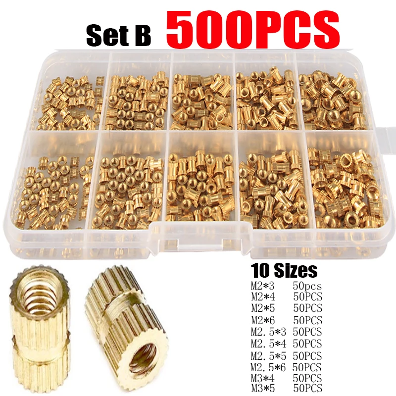 

1 Box 500pcs M2 M2.5 M3 Solid Brass Copper Injection Molding Knurl Insert Nut Embedded Nutsert Assortment Kit Set