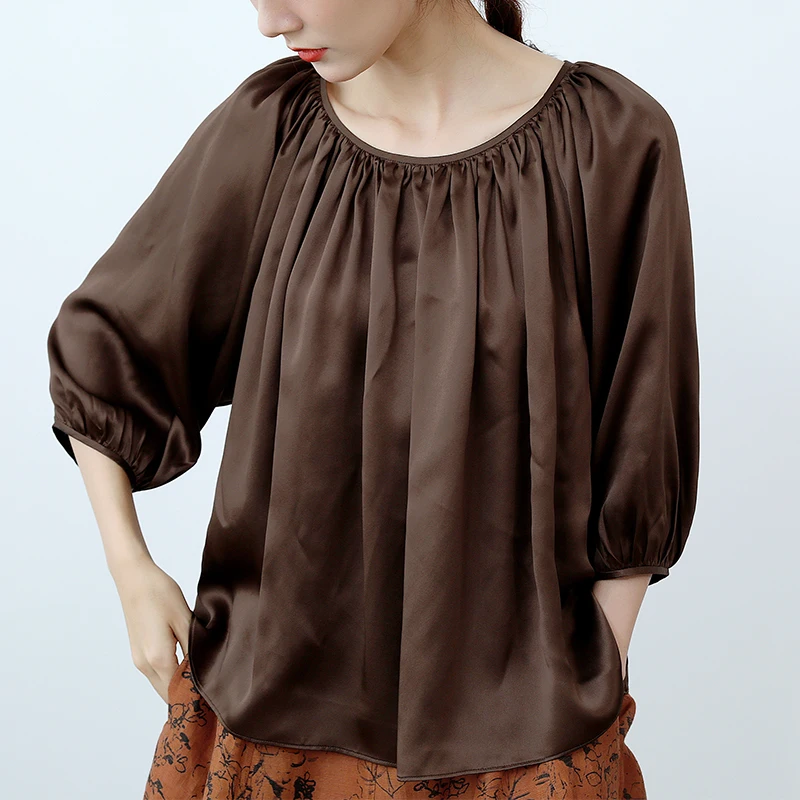 

Летний новый топ ZBWY из плотного чистого шелка свободного кроя, нежно-коричневый, универсальный, с круглым вырезом, оригинальный дизайн, женский...