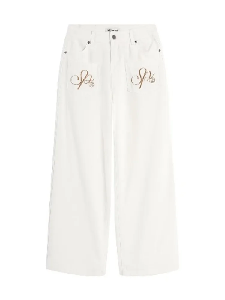 Washed Cargo Curved Trendy Trousers Elegant Artsy Letter Wing Embroidered Lazy Pants