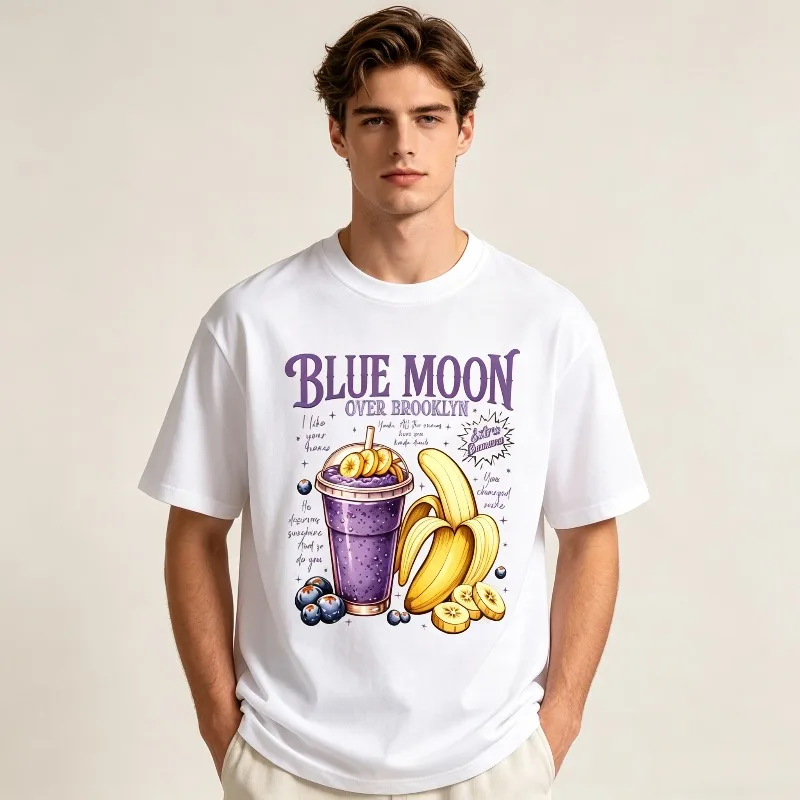 Men Casual Short Sleeve T-shirt Blue Moon Over Brooklyn Extra Banana Purple Milkshake Banana Blueberry Graphic Daily Tee Top