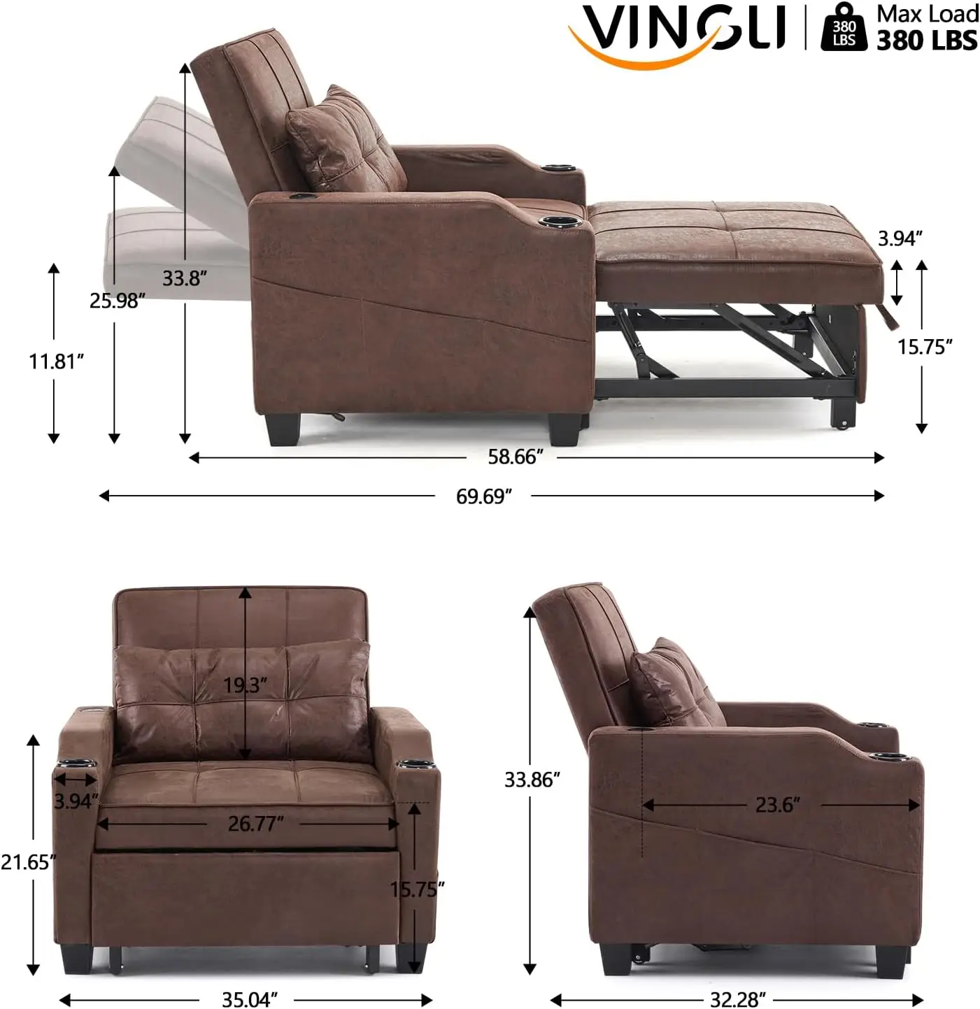 Vingli Sofá cama reclinable, sofá cama convertible 3 en 1, sofá cama rústico, sofá cama extraíble con ajustable