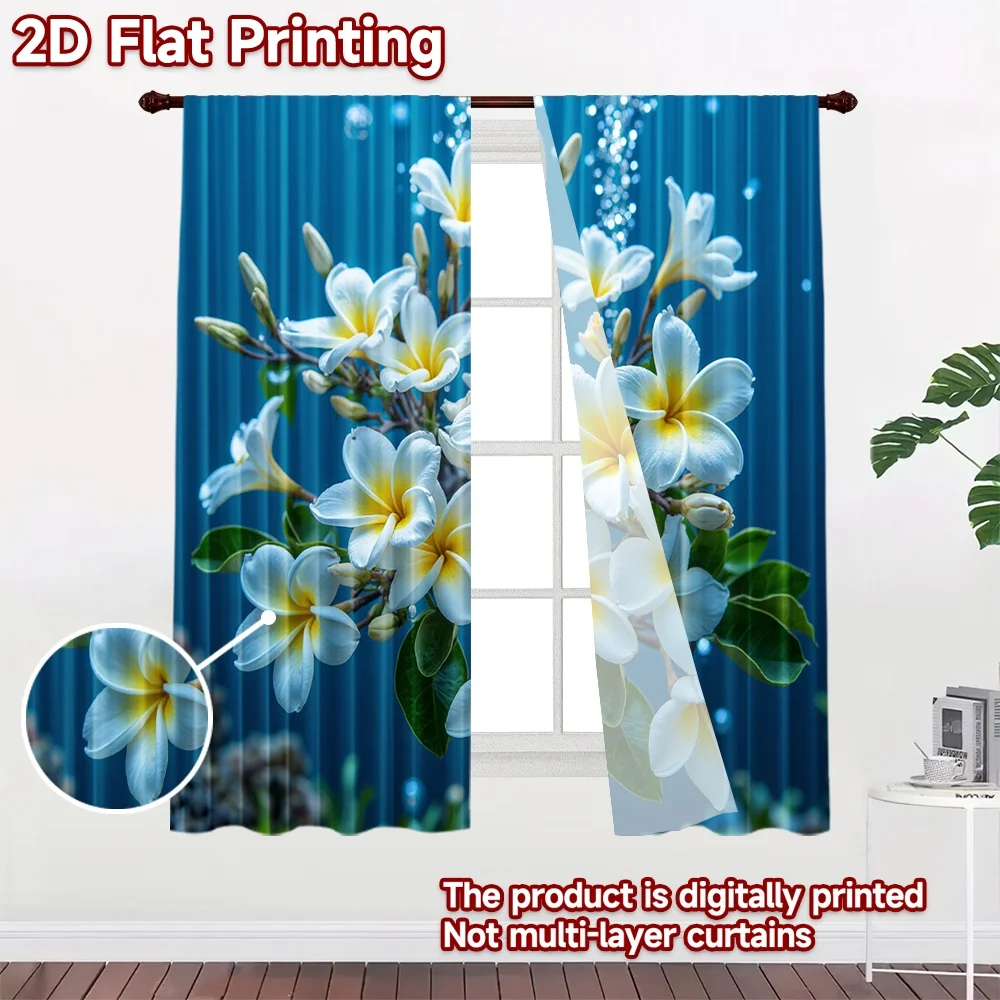 2D flat 2pcs Curtain French Romantic Style White Plumeria Bouquet Digitally printed polyester, colorfast Birthday Party Perfect