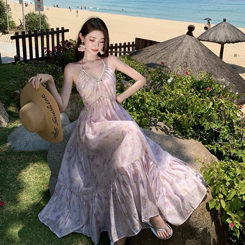

Coigarsam Women Beach Dress Summer New Office Lady Floral Print Spaghetti Strap Pink Purple Dresses