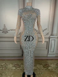 Vestido largo transparente con diamantes de imitación brillantes, traje lujoso de bailarina para celebración de cumpleaños y Noche