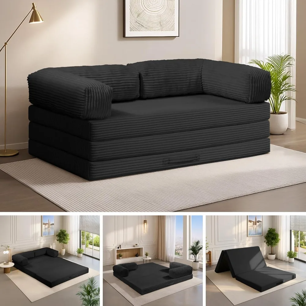 

5-in-1 Convertible Folding Sofa Bed,Full Tri-Fold Mattress with Removable L-Shaped Armrests,Corduroy Boneless Couch Floor Sofa F