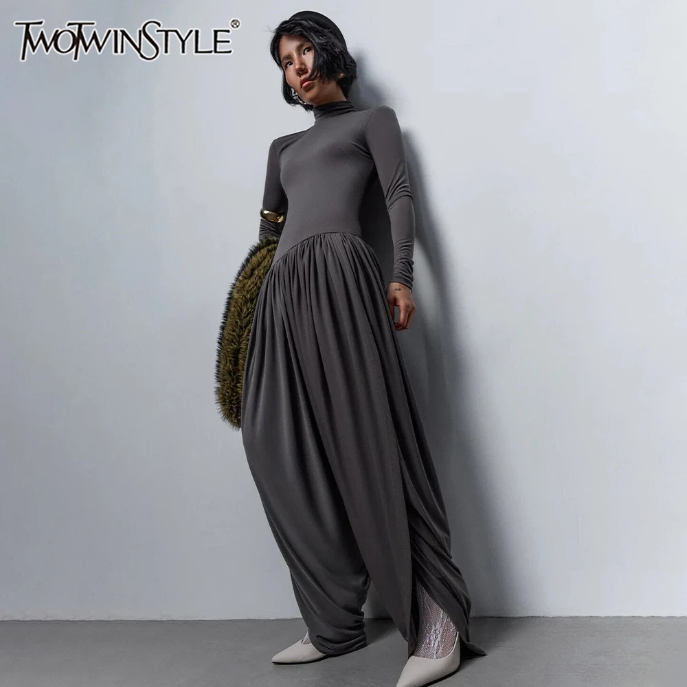 TWOTWINSTYLE Sexy Hot Girl Solid Color Jumpsuits for Women Round Neck Long Sleeve Backless Side Split Streetwear Jumpsuit Female