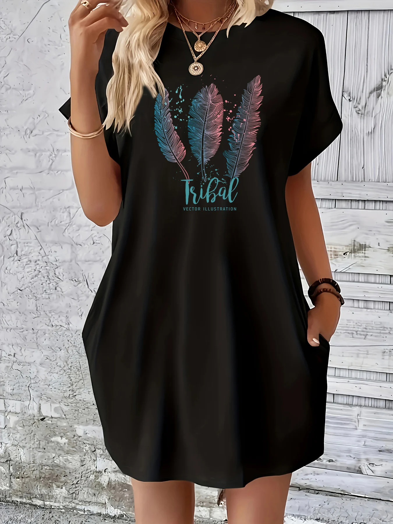 Women's Summer Loose Feather Letter Print Round Neck Short Sleeve Pocket Comfortable Casual Plus Size Dress