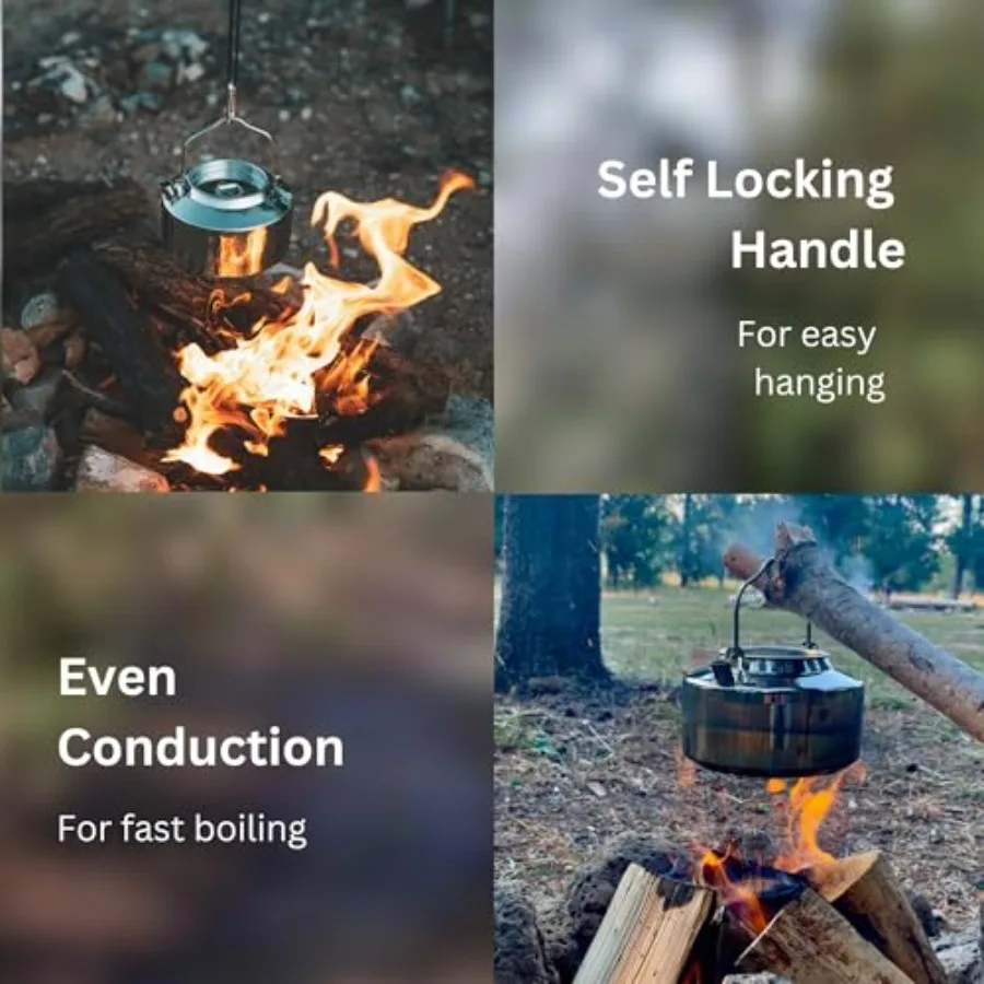 1.2L Stainless Steel Camping Kettle for Boiling Water on Open Fire 5Cup Outdoor Cooking and Backpacking Tea Coffee Pot Durable