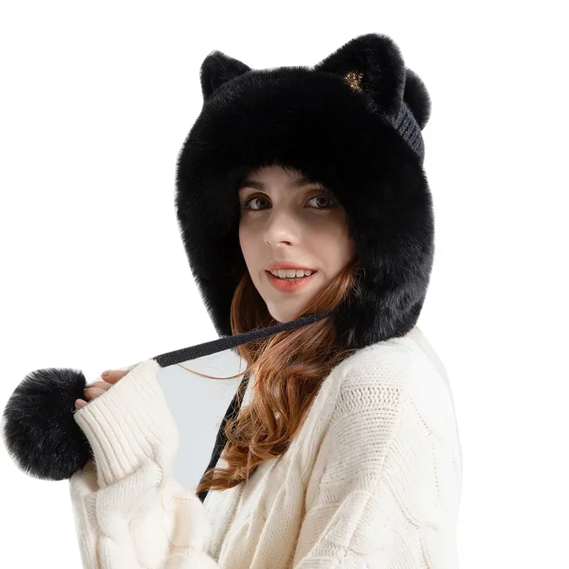 

Ladies Cute Warm Beanie Hats for Women Winter Cat Ears Pompom Earflap Bomber Cap Plush Fluffy Thicken Fur Knitted Hat