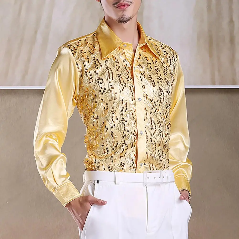 Men Long Sleeve Shirt Men's Luxury Sequins Performance Shirt for Wedding Stage Formal Events Casual Wear Long Sleeve Slim Fit