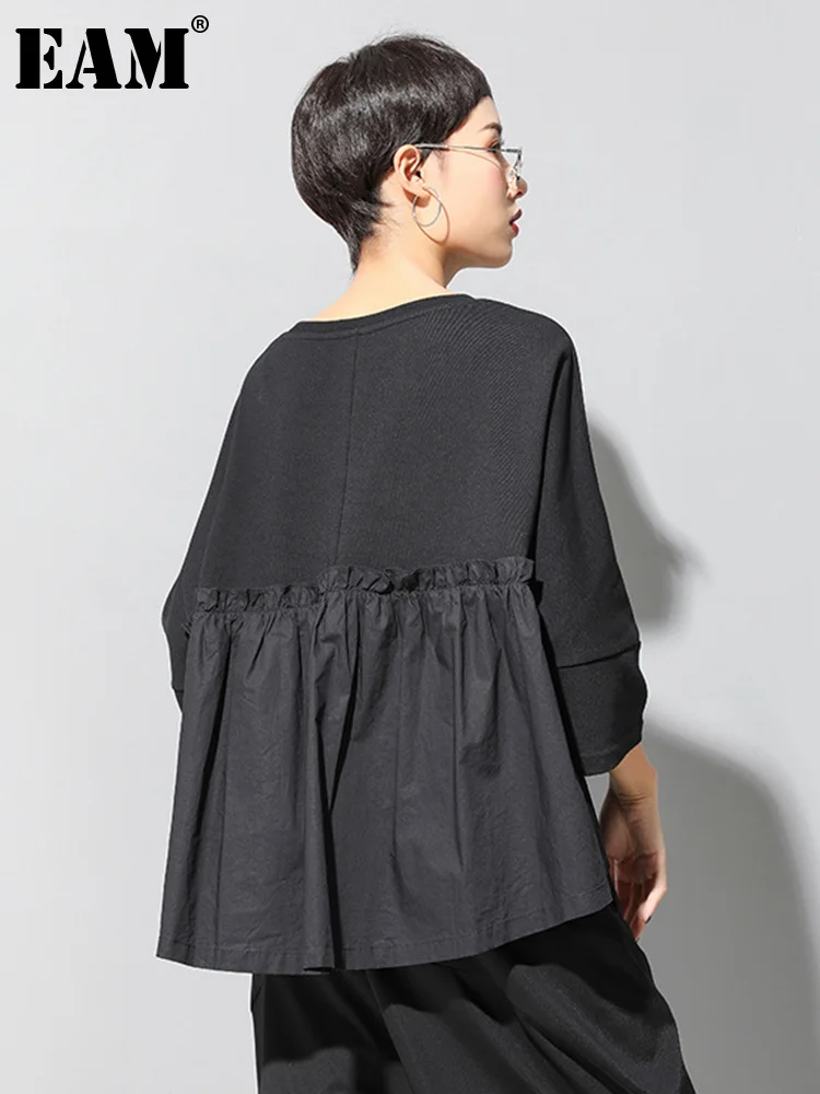 

[EAM] Women Black Back Ruffles Big Size Casual T-shirt New Round Neck Three-quarter Sleeve Fashion Spring Autumn 2024 1DF4682