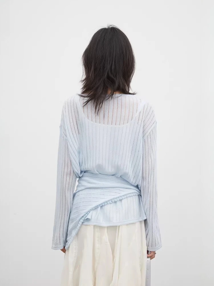 CHIC VEN Women Thin Sweater New Loose Slant Shoulder Hollow Knitted Shirt with Shawl Knitwear Female Top Spring Summer 2026