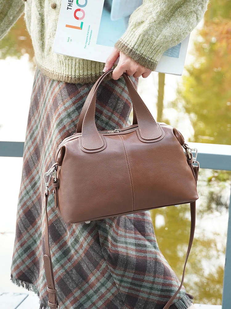 Zency Genuine Leather Top-handle Bag For Women Stylish Boston Bag Shoulder Handbag Bolsa Crossbody Large Capacity Satchel Bags