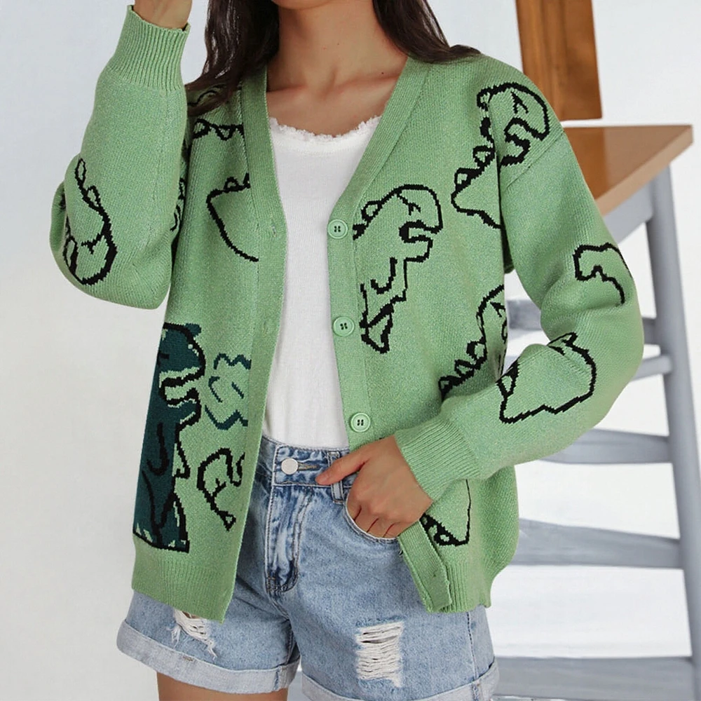 여성용 긴 소매 공룡 카디건 루즈핏 가을 겨울 스웨터 유럽 및 미국 스타일 패션