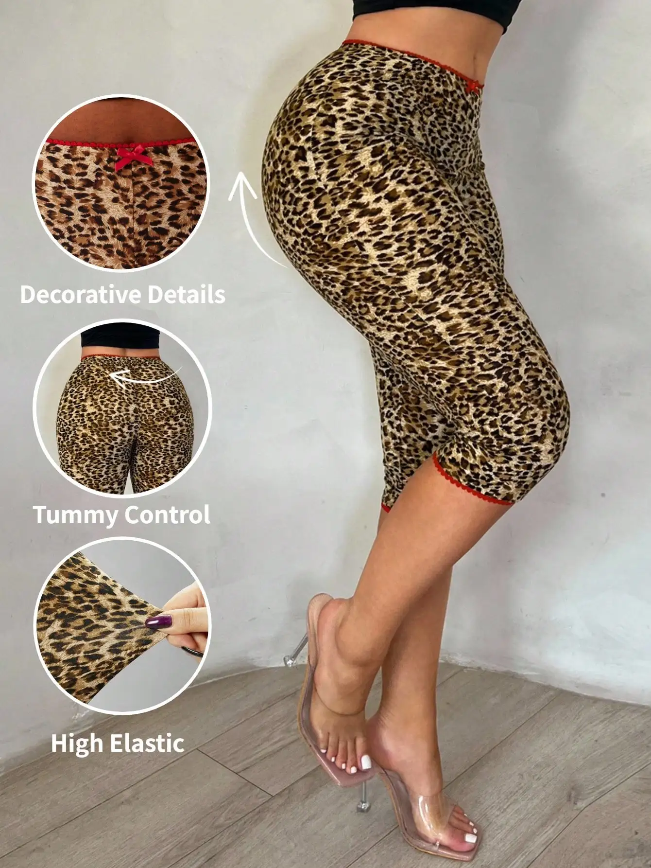 Plus Size Brown Leopard Print Capri Leggings, Textured Knit Tummy Control Sexy, Summer Workout Casual Teacher Pants for Women
