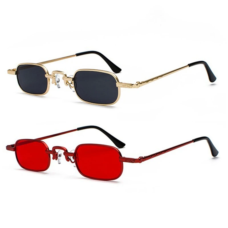 2 Pcs Retro Punk Glasses Clear Square Sunglasses Female Retro Sunglasses Men Metal Frame, Black Gray + Gold & Red