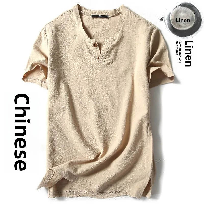 

Short Sleeve T-Shirt Men's Linen Material Retro Top Thin Half Sleeve Color V-Neck plus Size Cotton Linen Loose Fit Shirt