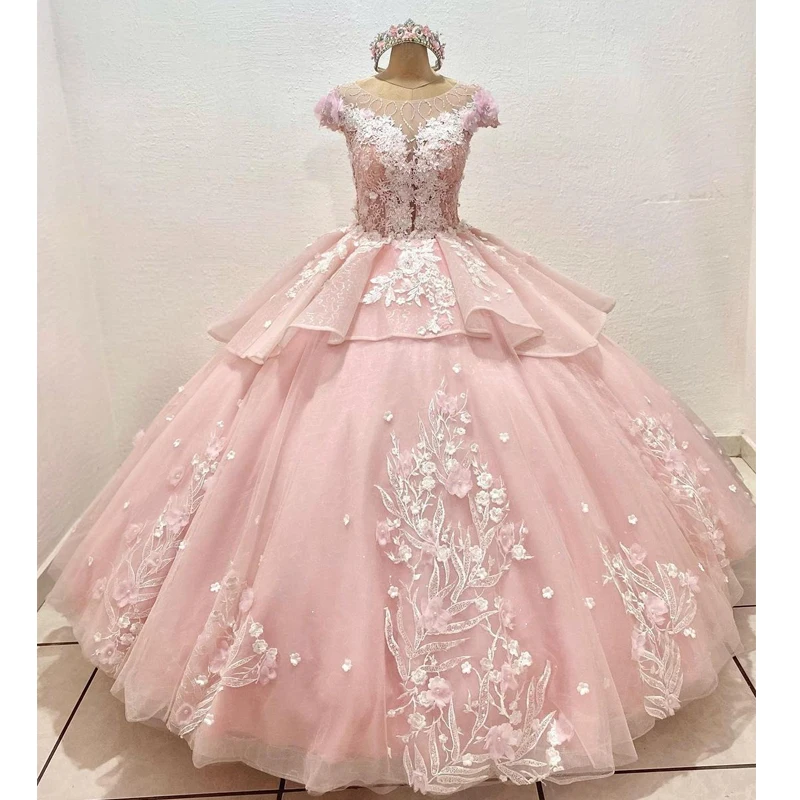 

ANGELSBRIDEP Luxury Pink Quinceanera Dresses Sweet 15 Party Flower Lace Crystal Beading Back Pearls Neck Vestidos De 15 Anos