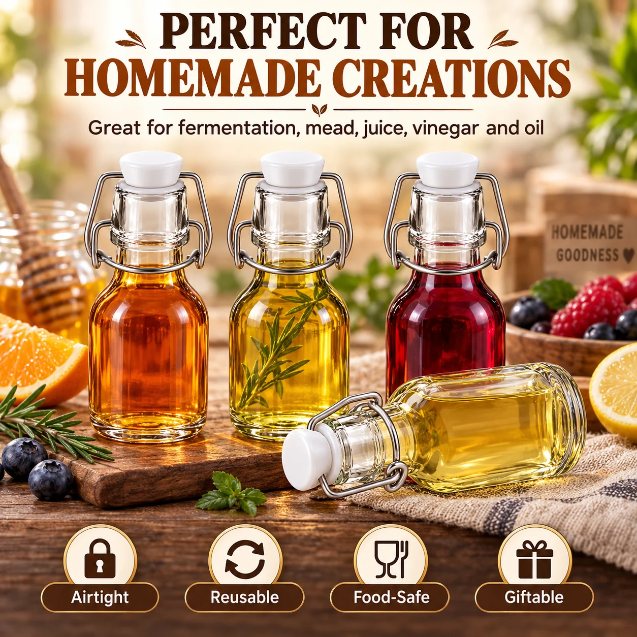 Swing Top Glass Bottles 2oz,Flip Top Glass Bottle with Airtight Lid for Fermentation,Mead,Coquito,Vinegar,Beer,Kefir,Juice,Oil
