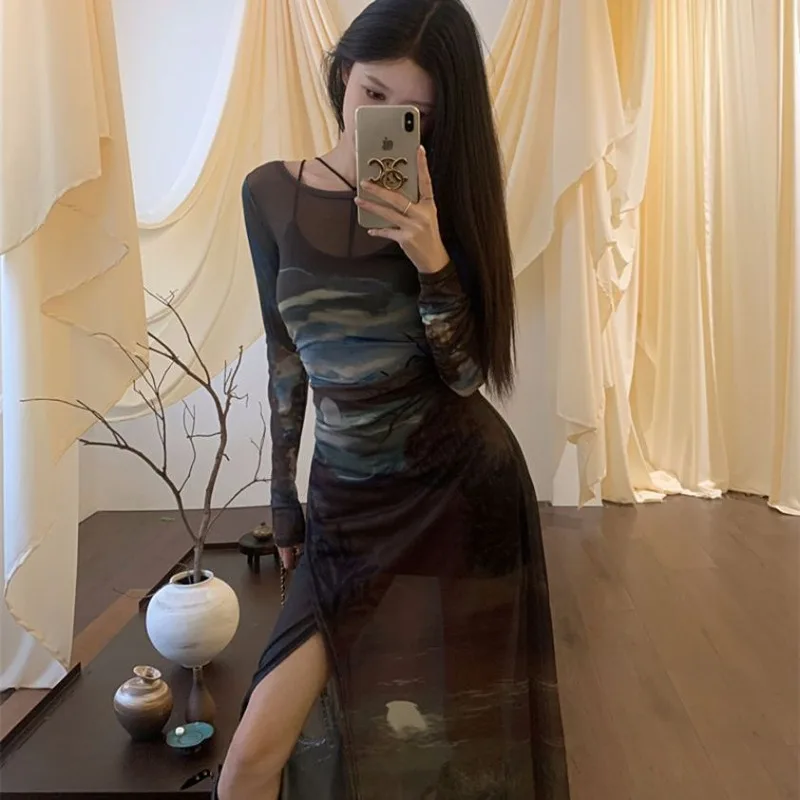 2 Pcs Sets Women Tie Dye Irregular Dresses Slim Mini Sundress American Style Vintage Sexy Girls Autumn Temper Club Streetwear