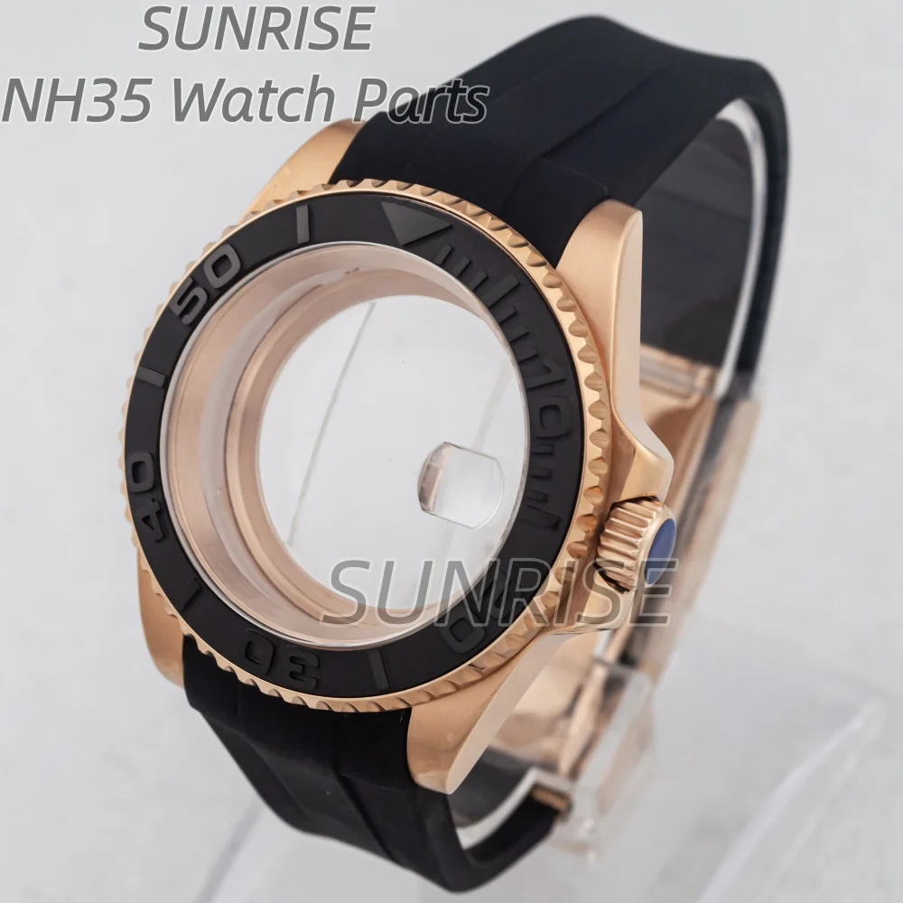 

40mm Rose Gold PVD Watch Case Rubber Bracelet Ceramic Bezel insert Sapphire For Yacht Seiko NH35 NH36 Movement Men Watch Case