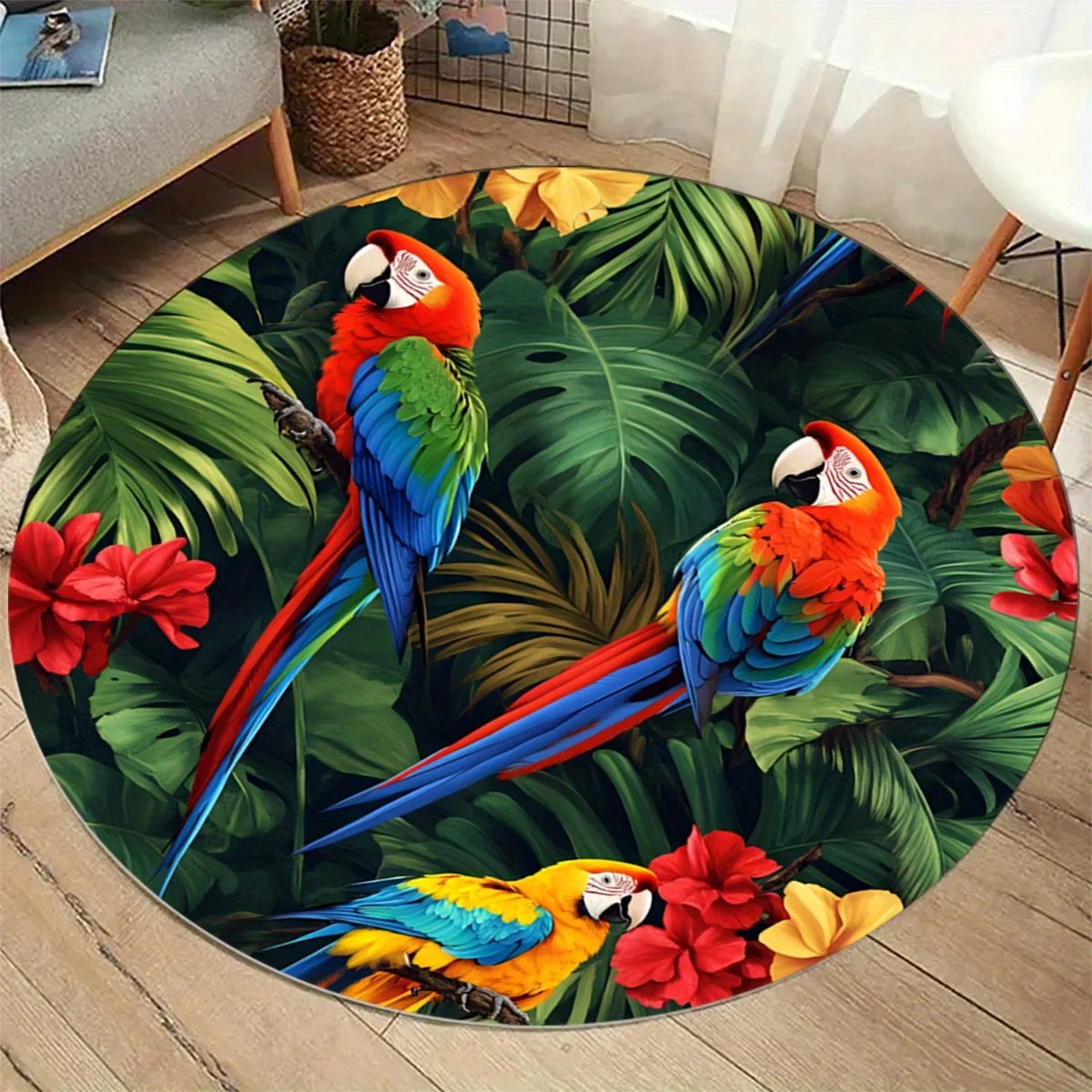 Vibrant Parrot Tropical Round Area Rug - 2D Printed Non-Slip Floor Mat for Living Room Bedroom & Hallway Decor, 1PC