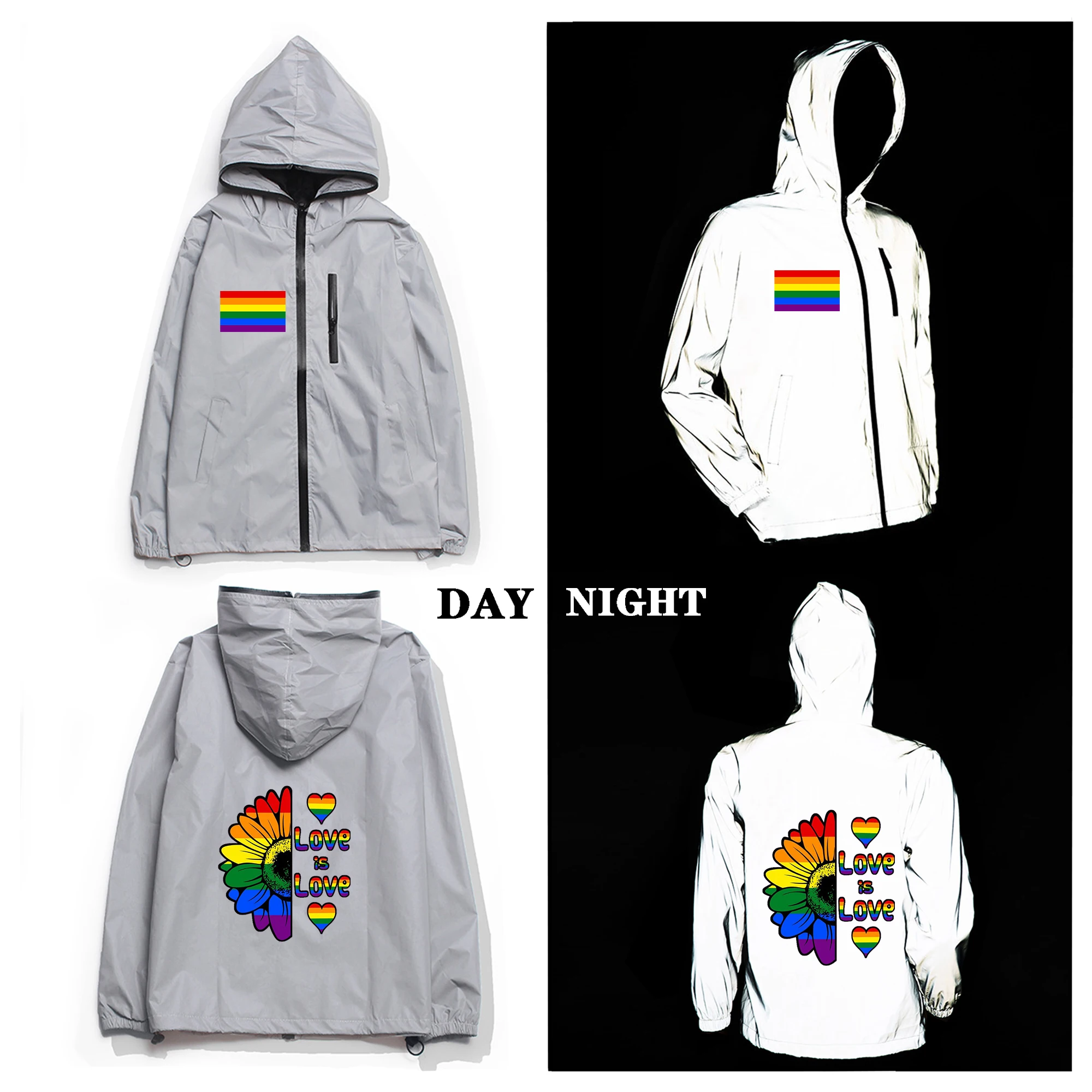 Gay Pride Regenboog Love Reflective Jacket Mens Womens Coat Hooded Windbreaker Run Jackets Cycling Hiking Zipper Custom Hoodie