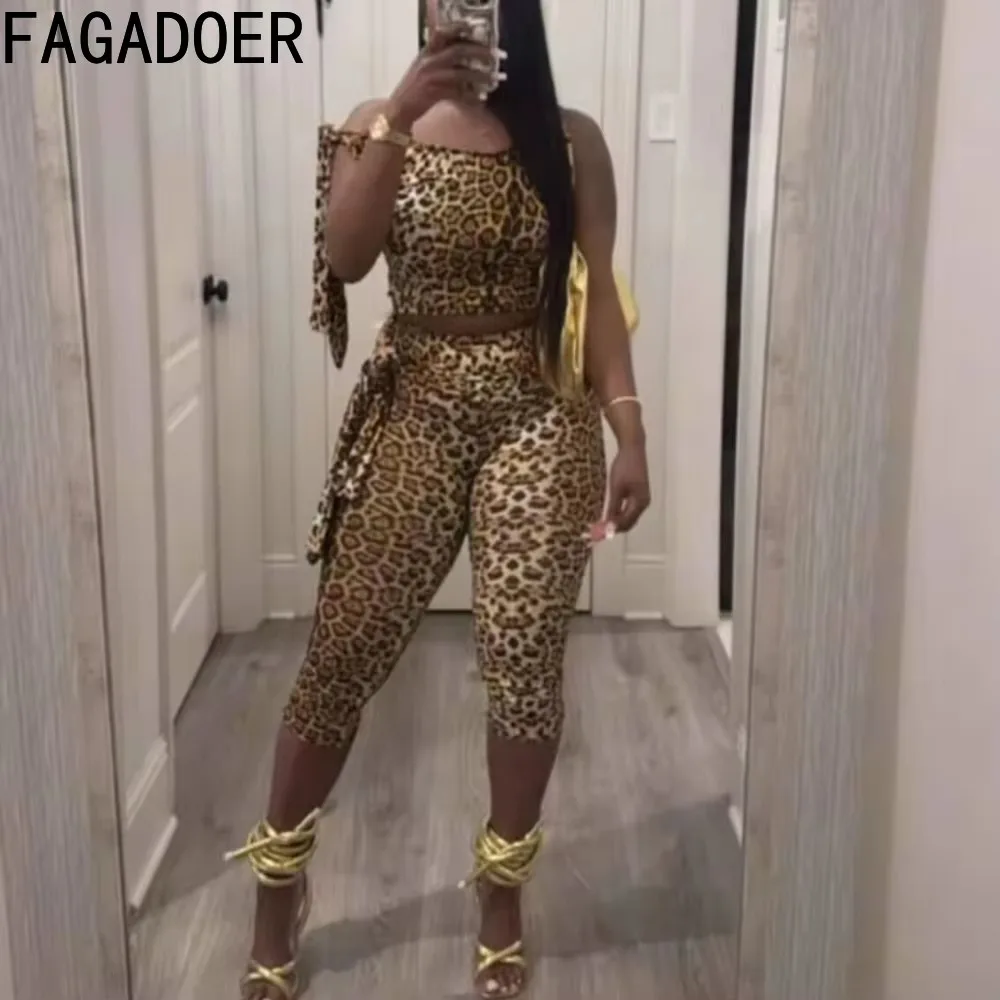 FAGADOER Sexy Leopard Print 2 Piece Sets Women Outfit Sleeveless Bandage Patchwork Crop Top + Pants Suit Female Streetwear 2025