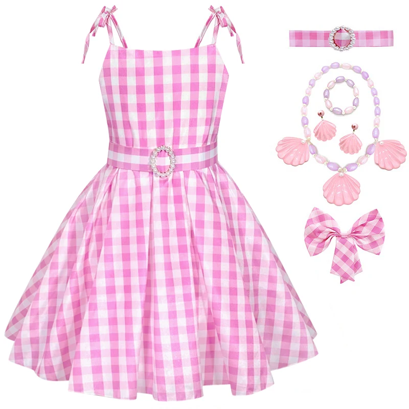 Girls' Pink Plaid Dress 3-10 Year Old Children's Sweet Pink Bodysuit 2023 New Halloween Live Movie Role Playing Costume