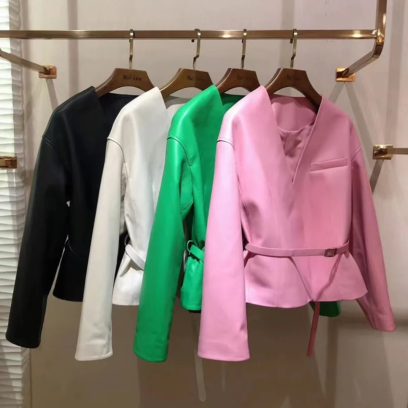 Giacca in pelle da donna primavera autunno di alta qualità corta moda con scollo a v cintura chiusura in vita sottile pelle di pecora nuovi capispalla blazer