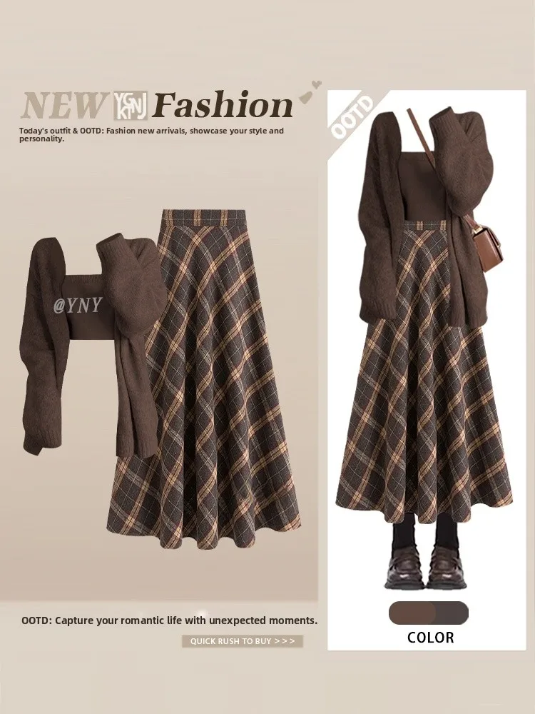 

Korean Sle Soft Loose Knitted Cardigan Strap Vest Tee Piece Set Autumn New Plaid Skirt Women Faion Casual Outfit