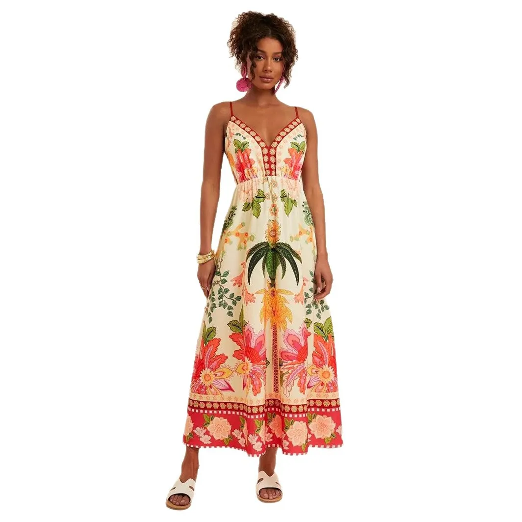 Damenkleid, schulterfrei, V-Ausschnitt, Blumendruck, lang, elegant, A-Linie, Abendkleid, Spaghettiträger, Boho, Urlaub, Strand, Partykleid