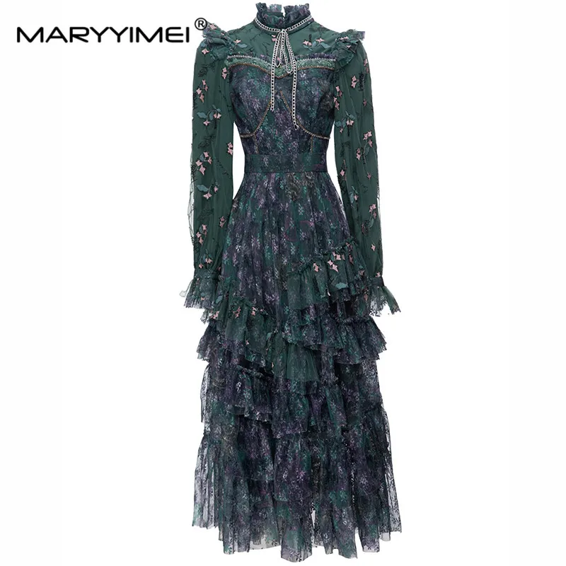 

MARYYIMEI Flare Sleeve Standing Collar Embroidered Lace Edge Layered Ruffle Mesh dress Spring Autumn New Holiday Long Dresses