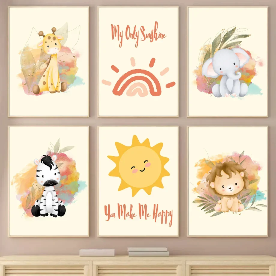 

Boho Animal Wall Art Canvas - Elephant Lion Giraffe Prints Nordic Style for Baby Kids Room Home Decor Eco-Friendly