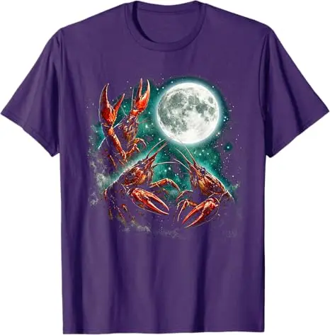 Three Crawfish Moon Crawfish Howling To The Moon Vintage 90er Jahre T-Shirt Y2k Moon Galaxy Space Retro Animal Aesthetic Tee Kleidung – Detail 4