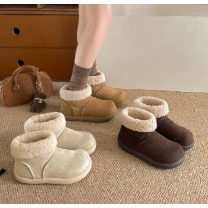 

2025 Winter New Fashionable Women's Snow Boots Flat Bottom Soft Plush Warm Women's Ankle Boots Suede Slip on Shoes for Women