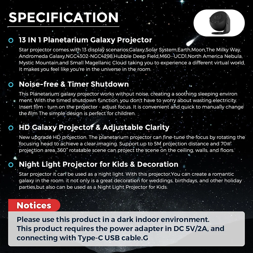 13 In 1 Planetarium Star Projector HD Image Area LED Night Light,4K 13 Film Discs,360° Rotate 1/2h Timer for Kids&Adults Bedroom