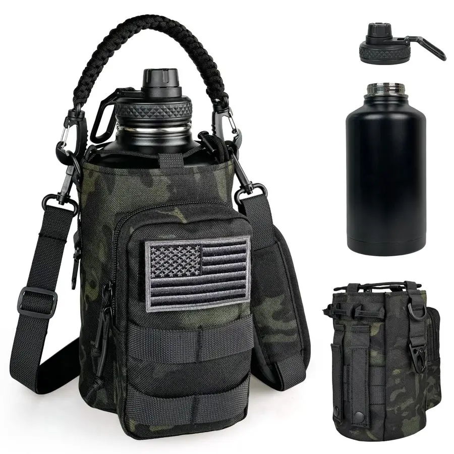 

Gallon Water Bottle Insulated with Sleeve Tactical 64 oz Stainless Steel Water Jug with MOLLE Water Bottle Pouch, Gym Water Bott